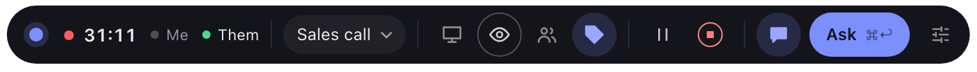 Glint's capsule: timer, mode, and the Ask button