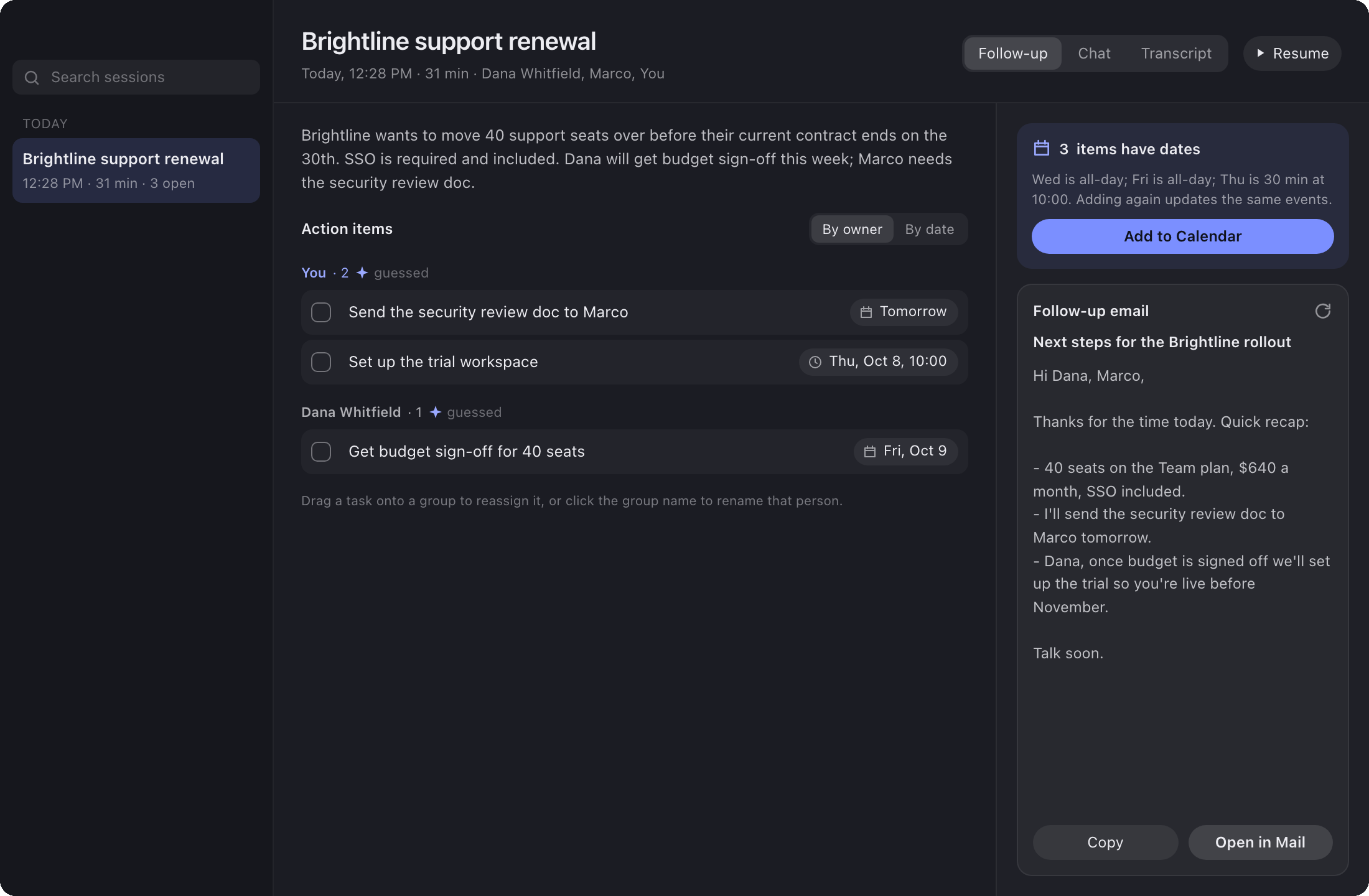 Glint's notes window: summary, action items with dates, and a follow-up email